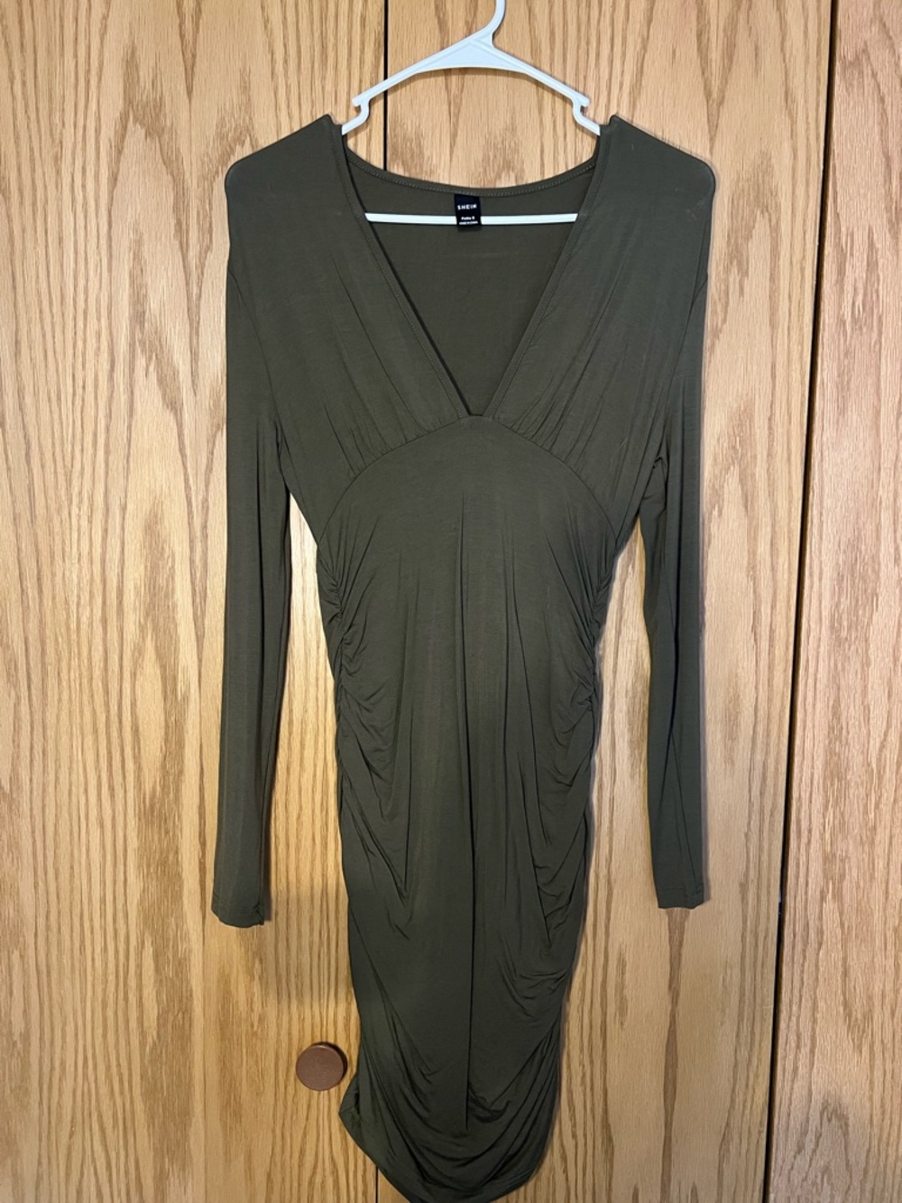 SHEIN Olive Green Long Sleeve V-Neck Ruched Dress